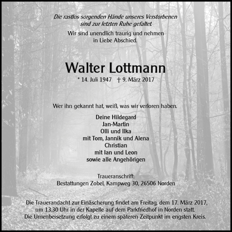  Traueranzeige für Walter Lottmann vom 11.03.2017 aus 