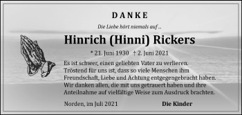Traueranzeige von Hinrich Rickers 