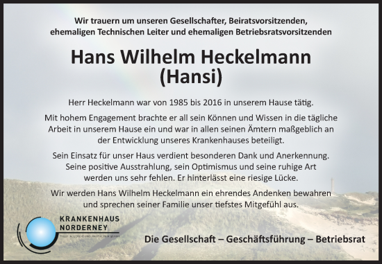 Traueranzeige von Hans Wilhelm Heckelmann von Ostfriesischer Kurier