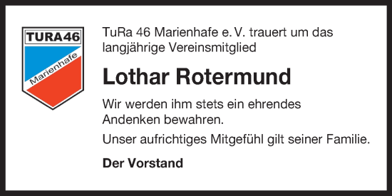 Traueranzeige von Lothar Rotermund von Ostfriesischer Kurier