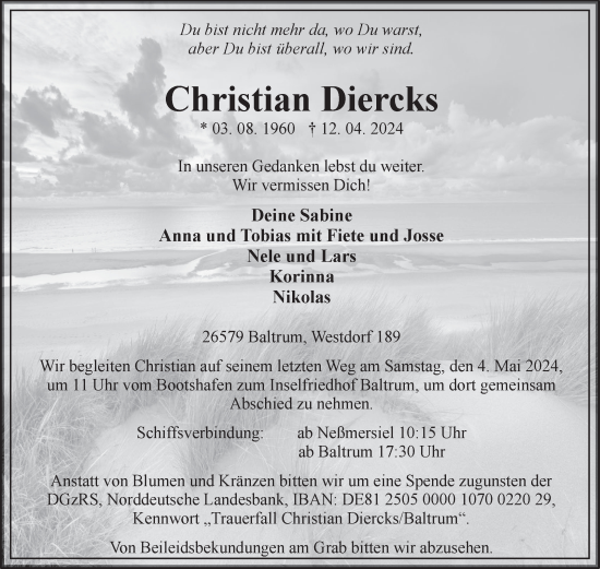 Traueranzeige von Christian Diercks von Ostfriesischer Kurier