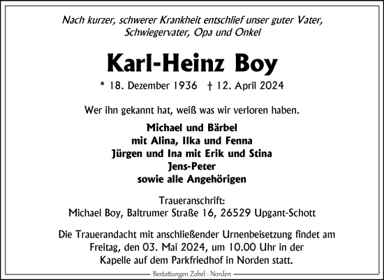 Traueranzeige von Karl-Heinz Boy von Ostfriesischer Kurier