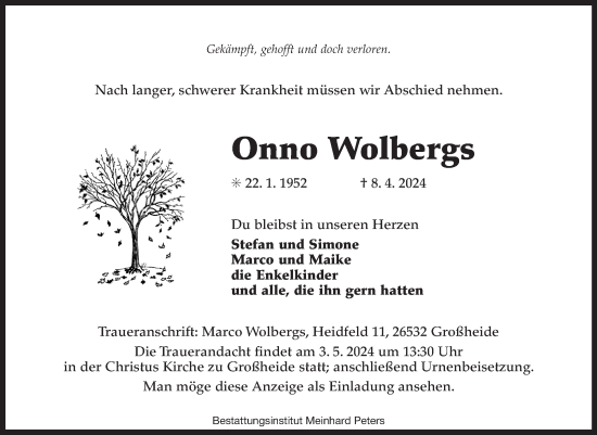 Traueranzeige von Onno Wolbergs von Ostfriesischer Kurier