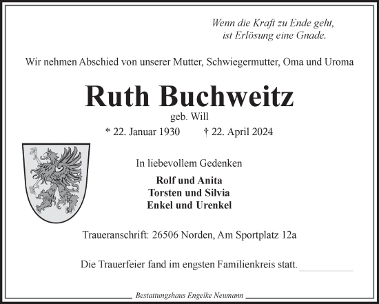 Traueranzeige von Ruth Buchweitz von Ostfriesischer Kurier