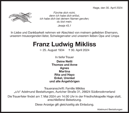 Traueranzeige von Franz Ludwig Mikliss von Ostfriesischer Kurier
