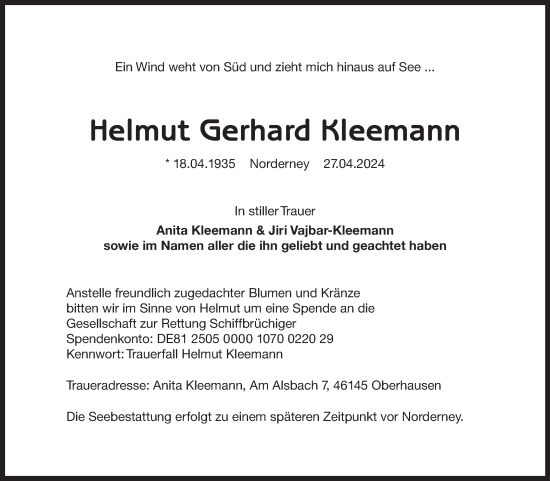 Traueranzeige von Helmut Gerhard Kleemann von Ostfriesischer Kurier