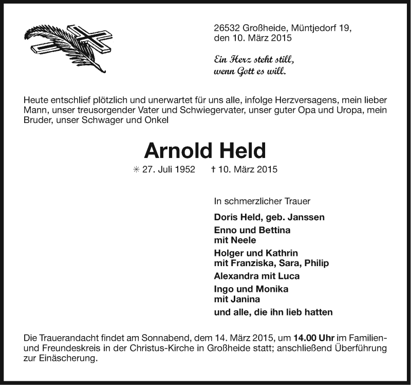  Traueranzeige für Arnold Held vom 12.03.2015 aus Ostfriesischer Kurier