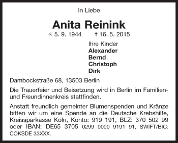 Traueranzeige von Anita Reinink 