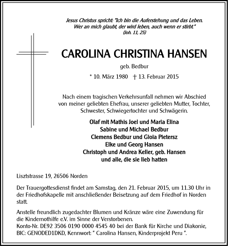  Traueranzeige für Carolina Hansen vom 17.02.2015 aus Ostfriesischer Kurier