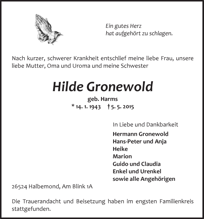  Traueranzeige für Hilde Gronewold vom 12.05.2015 aus 