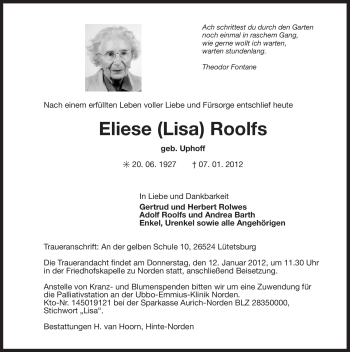 Traueranzeige von Eliese Roolfs von Ostfriesischer Kurier