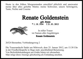 Traueranzeige von Renate Goldenstein von Ostfriesischer Kurier