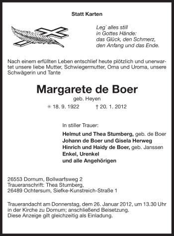 Traueranzeige von Margarete de Boer von Ostfriesischer Kurier