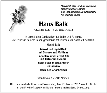 Traueranzeige von Hans Balk von Ostfriesischer Kurier