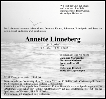 Traueranzeige von Annette Linneberg von Ostfriesischer Kurier