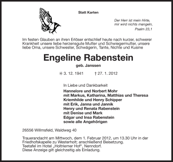Traueranzeige von Engeline Rabenstein von Ostfriesischer Kurier