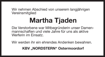 Traueranzeige von Martha Tjaden von Ostfriesischer Kurier