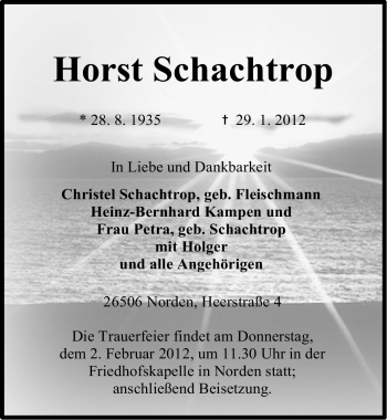 Traueranzeige von Horst Schachtrop von Ostfriesischer Kurier