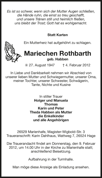 Traueranzeige von Mariechen Rothbarth von Ostfriesischer Kurier
