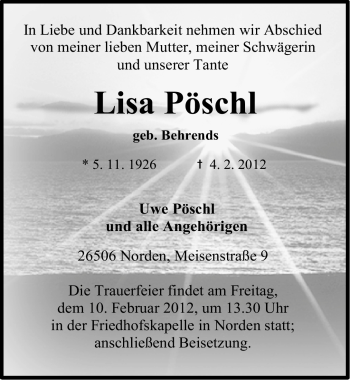 Traueranzeige von Lisa Pöschl von Ostfriesischer Kurier