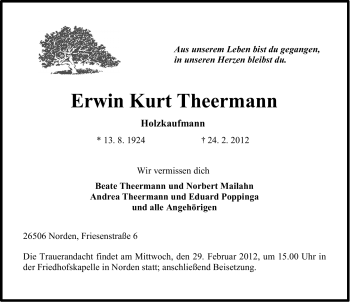 Traueranzeige von Erwin Kurt Theermann von Ostfriesischer Kurier