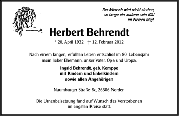 Traueranzeige von Herbert Behrendt von Ostfriesischer Kurier