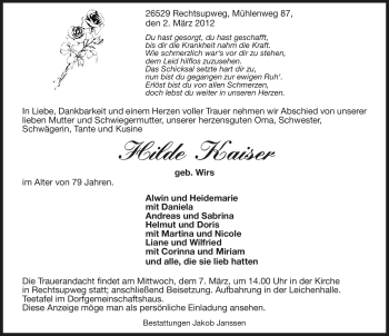 Traueranzeige von Hilde Kaiser von Ostfriesischer Kurier