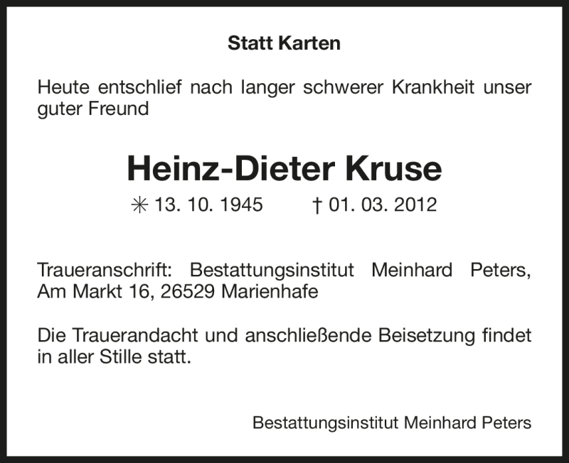  Traueranzeige für Heinz-Dieter Kruse vom 05.03.2012 aus Ostfriesischer Kurier