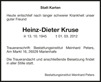 Traueranzeige von Heinz-Dieter Kruse von Ostfriesischer Kurier