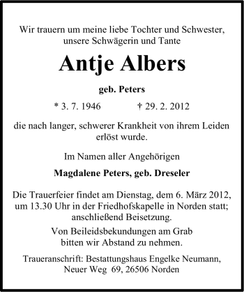 Traueranzeige von Antje Albers von Ostfriesischer Kurier