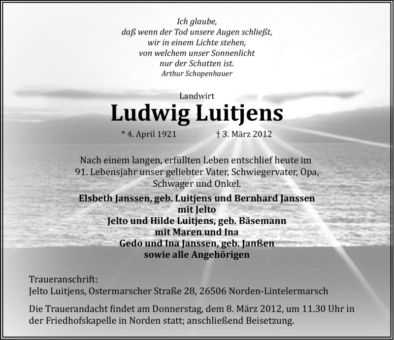  Traueranzeige für Ludwig Luitjens vom 05.03.2012 aus Ostfriesischer Kurier