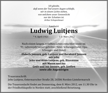 Traueranzeige von Ludwig Luitjens von Ostfriesischer Kurier