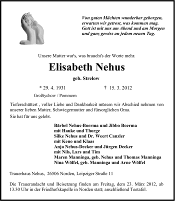 Traueranzeige von Elisabeth Nehus von Ostfriesischer Kurier