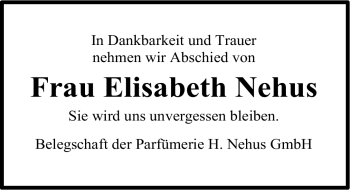Traueranzeige von Elisabeth Nehus von Ostfriesischer Kurier