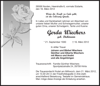 Traueranzeige von Gerda Wiechers von Ostfriesischer Kurier