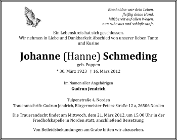 Traueranzeige von Johanne Schmeding von Ostfriesischer Kurier