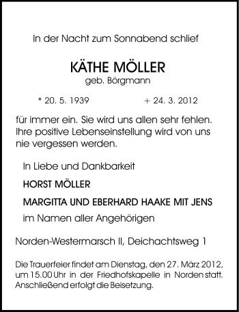 Traueranzeige von Käthe Möller von Ostfriesischer Kurier