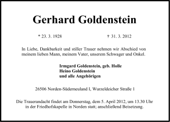 Traueranzeige von Gerhard Goldenstein von Ostfriesischer Kurier