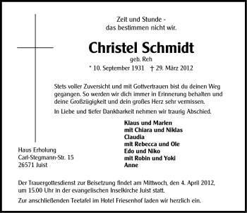 Traueranzeige von Christel Schmidt von Ostfriesischer Kurier