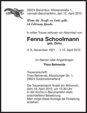 Traueranzeige von Fenna Schoolmann von Ostfriesischer Kurier