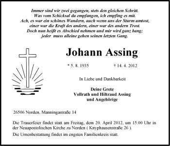 Traueranzeige von Johann Assing von Ostfriesischer Kurier
