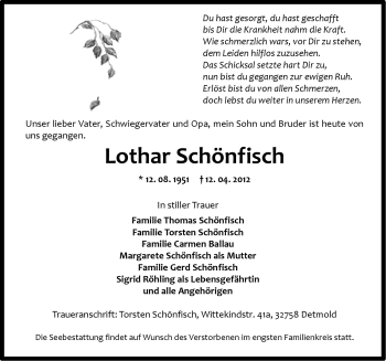 Traueranzeige von Lothar Schönfisch von Ostfriesischer Kurier