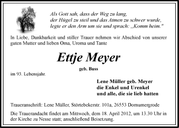 Traueranzeige von Ettje Meyer von Ostfriesischer Kurier