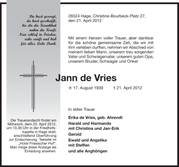 Traueranzeige von Jann de Vries von Ostfriesischer Kurier