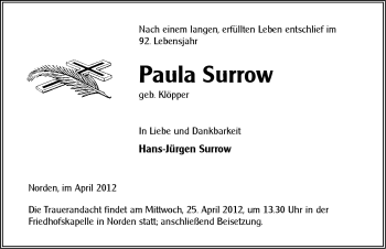 Traueranzeige von Paula Surrow von Ostfriesischer Kurier