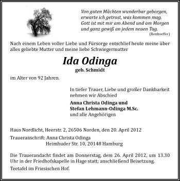 Traueranzeige von Ida Odinga von Ostfriesischer Kurier
