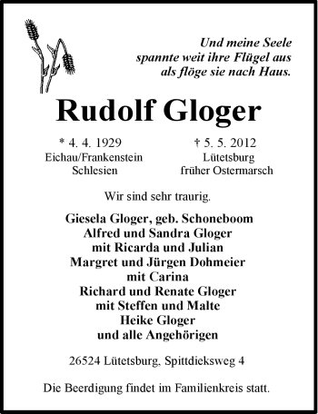 Traueranzeige von Rudolf Gloger von Ostfriesischer Kurier