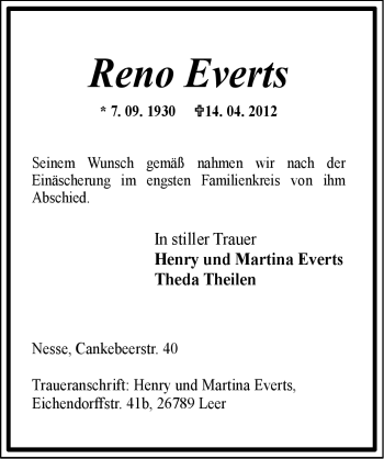 Traueranzeige von Reno Everts von Ostfriesischer Kurier