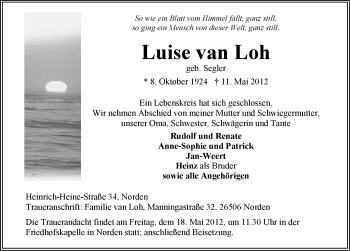 Traueranzeige von Luise van Loh von Ostfriesischer Kurier
