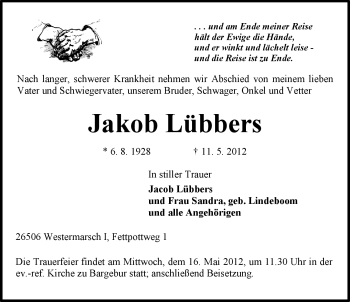 Traueranzeige von Jakob Lübbers von Ostfriesischer Kurier